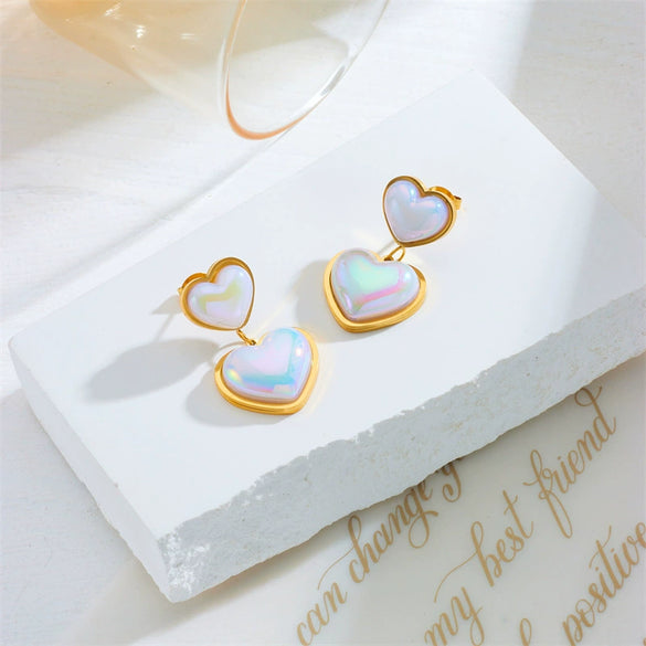 Wholesale Women's Titanium Steel Heartshaped Colorful Pearl Pendant Ear Studs With Electroplating