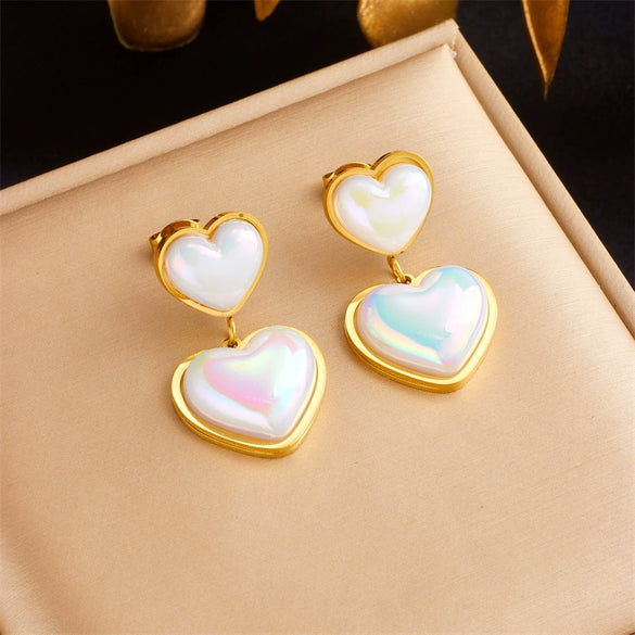 Wholesale Women's Titanium Steel Heartshaped Colorful Pearl Pendant Ear Studs With Electroplating