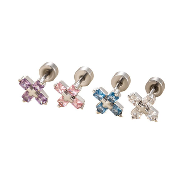 Wholesale Women's Titanium Steel Inlaid Zircon Square Cross Cochlear Ear Bone Nail Princess Style