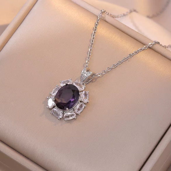 Wholesale Women's Titanium Steel Jewelry With Mixed Gemstone Inlay Geometric Pendant And O Word Chain Electroplated Design Simple Style