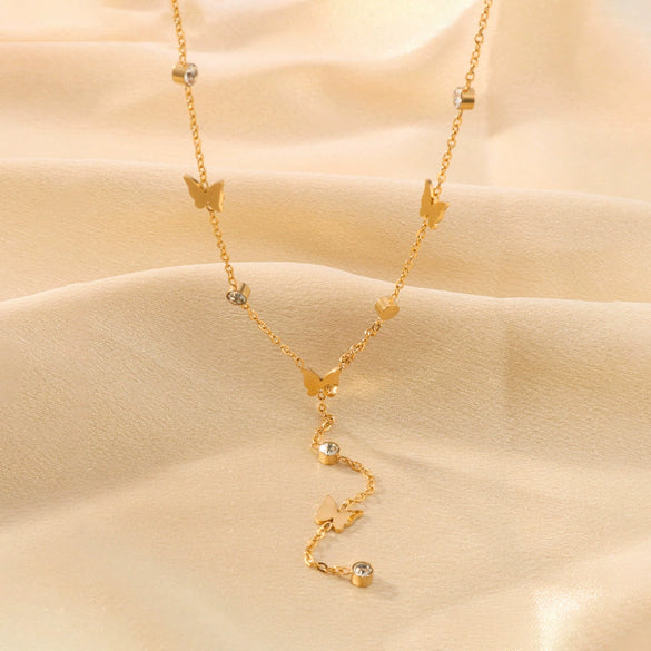 Wholesale Women's Titanium Steel 18K Gold Plated Butterfly Clavicle Chain With No Fade Diamond Pendant O Chain 18K Vacuum Plating In Furnace