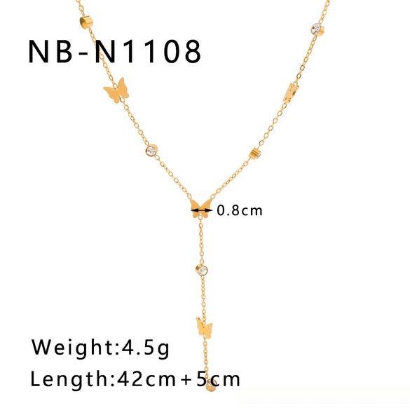 Wholesale Women's Titanium Steel 18K Gold Plated Butterfly Clavicle Chain With No Fade Diamond Pendant O Chain 18K Vacuum Plating In Furnace