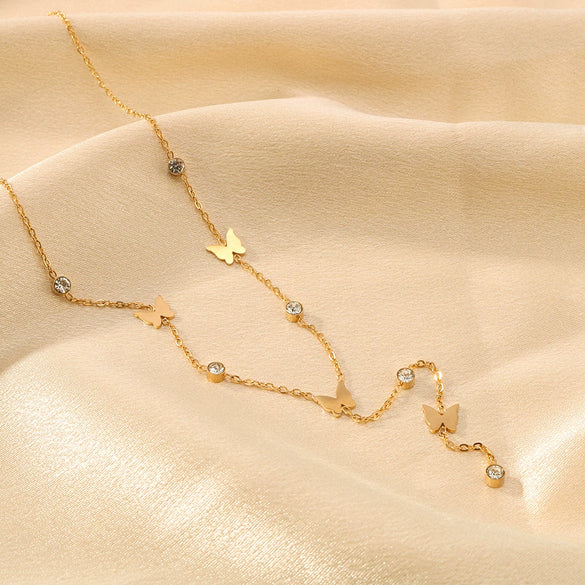 Wholesale Women's Titanium Steel 18K Gold Plated Butterfly Clavicle Chain With No Fade Diamond Pendant O Chain 18K Vacuum Plating In Furnace