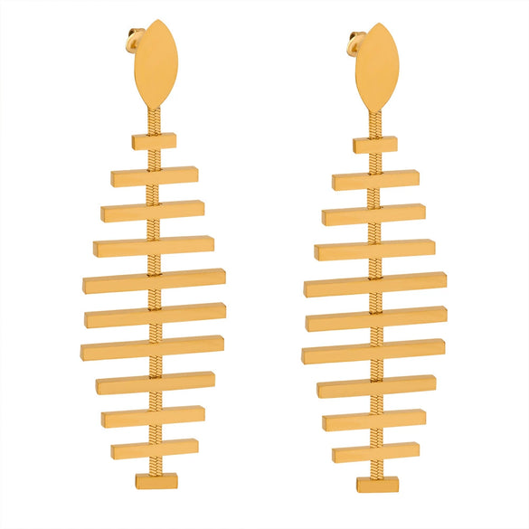 Wholesale Women's 316L Stainless Steel 18K Gold Plated Geometric Fish Bone Long Earrings Jewelry