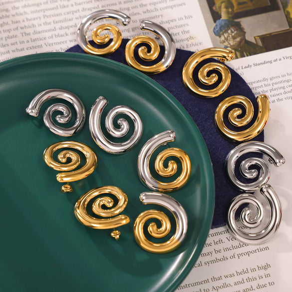 Wholesale Women's Titanium Steel 18K Gold Plated Rotary Thread Earrings With Creative Spliced Color Geometric Design And Electroplating Treatment