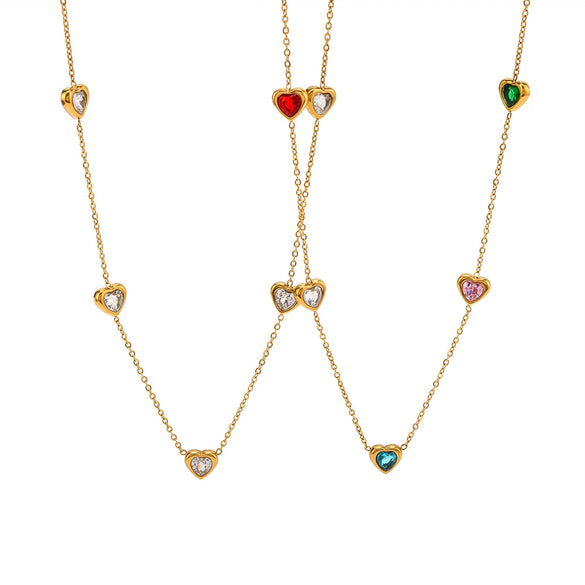 Wholesale Women's Titanium Steel Love Heartshaped Necklace Set With Color Diamond Simple Light Luxury 18K Gold Colorfree Ochain Electroplated With 18K Vacuum Plating In Furnace