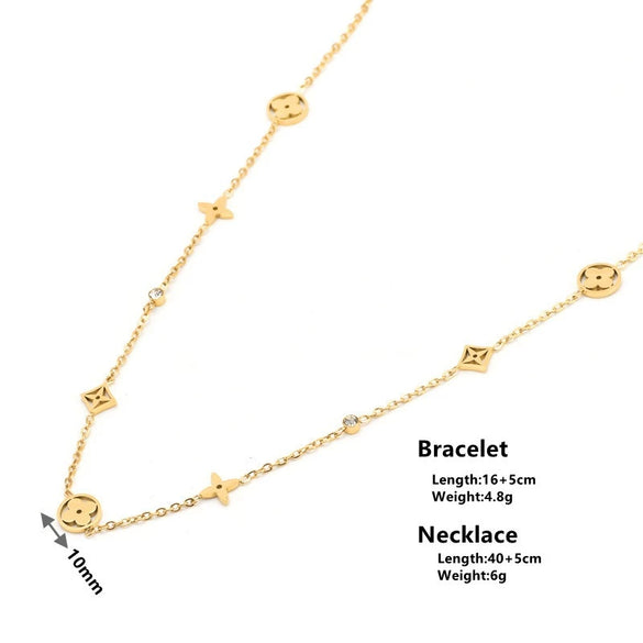 Wholesale Women's Titanium Steel Necklace And Bracelet With Plant Flower Pattern Box Chain Design