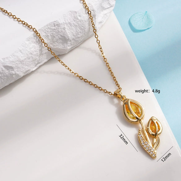 Wholesale Women's Titanium Steel Necklace Copper Gold Plated Cat's Eye Tulip Design With Mixed Gem Inlay And Ochain Light Luxury Flower Pattern