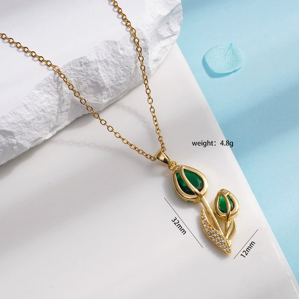 Wholesale Women's Titanium Steel Necklace Copper Gold Plated Cat's Eye Tulip Design With Mixed Gem Inlay And Ochain Light Luxury Flower Pattern