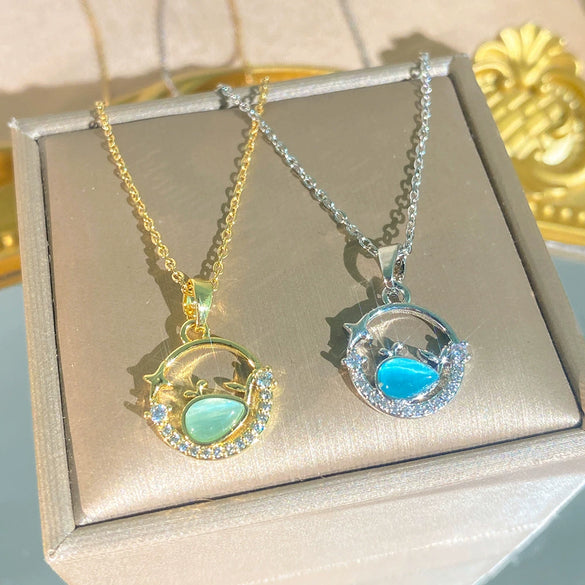 Wholesale Women's Titanium Steel Necklace With Blue Little Whale Pendant And Zircon Inlay Oshaped Chain Light Luxury Animal Style
