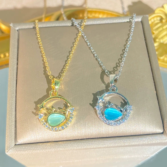 Wholesale Women's Titanium Steel Necklace With Blue Little Whale Pendant And Zircon Inlay Oshaped Chain Light Luxury Animal Style
