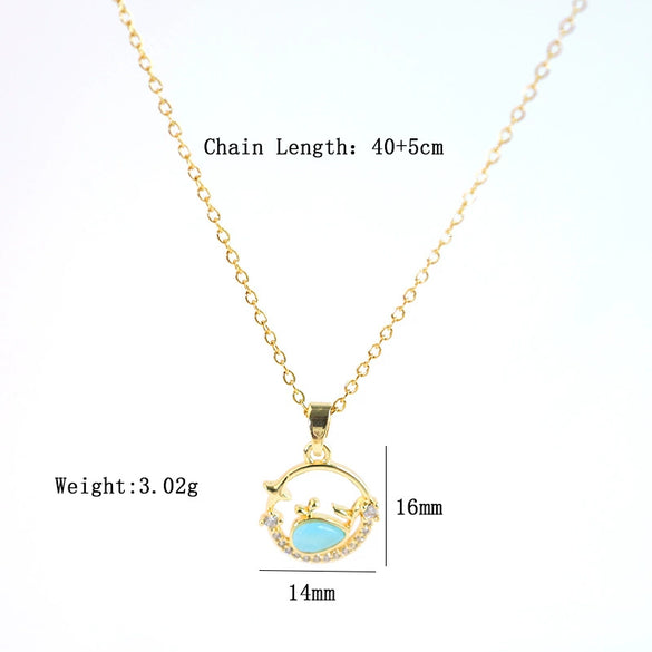 Wholesale Women's Titanium Steel Necklace With Blue Little Whale Pendant And Zircon Inlay Oshaped Chain Light Luxury Animal Style