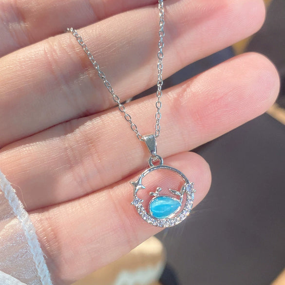 Wholesale Women's Titanium Steel Necklace With Blue Little Whale Pendant And Zircon Inlay Oshaped Chain Light Luxury Animal Style