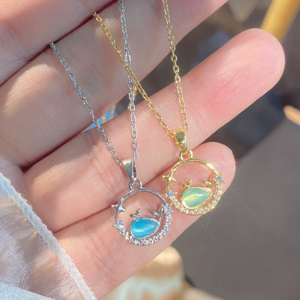 Wholesale Women's Titanium Steel Necklace With Blue Little Whale Pendant And Zircon Inlay Oshaped Chain Light Luxury Animal Style