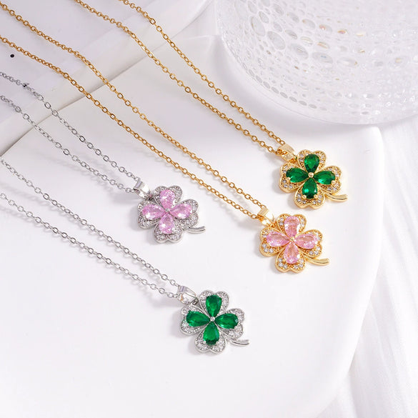 Wholesale Women's Titanium Steel Necklace With Copper Four Leaf Clover Inlaid Zircon Light Luxury Style Electroplated