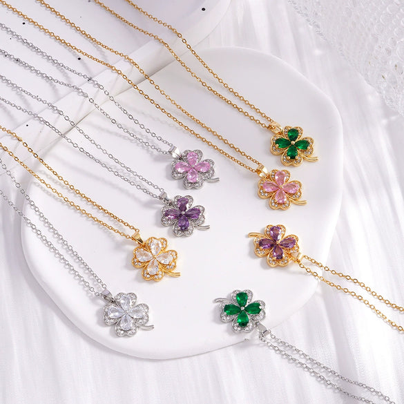 Wholesale Women's Titanium Steel Necklace With Copper Four Leaf Clover Inlaid Zircon Light Luxury Style Electroplated
