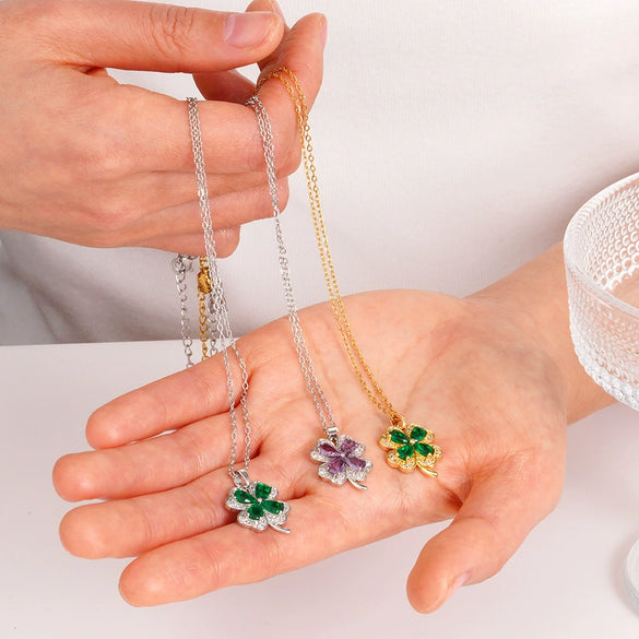 Wholesale Women's Titanium Steel Necklace With Copper Four Leaf Clover Inlaid Zircon Light Luxury Style Electroplated