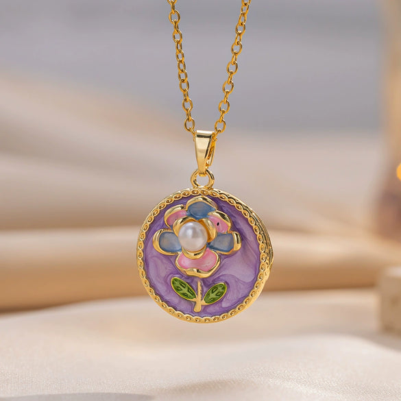 Wholesale Women's Titanium Steel Necklace With Copper Pendant In Monet's Garden Oil Painting Style Flower Shape Dripping Oil Design O Word Chain Light Luxury French Retro Simple