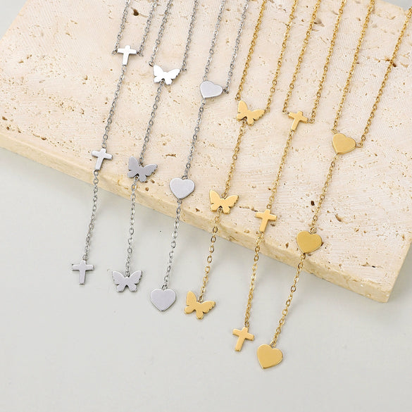 Wholesale Women's Titanium Steel Necklace With Cross Love Butterfly Heart Animal Zodiac Patterns Electroplated