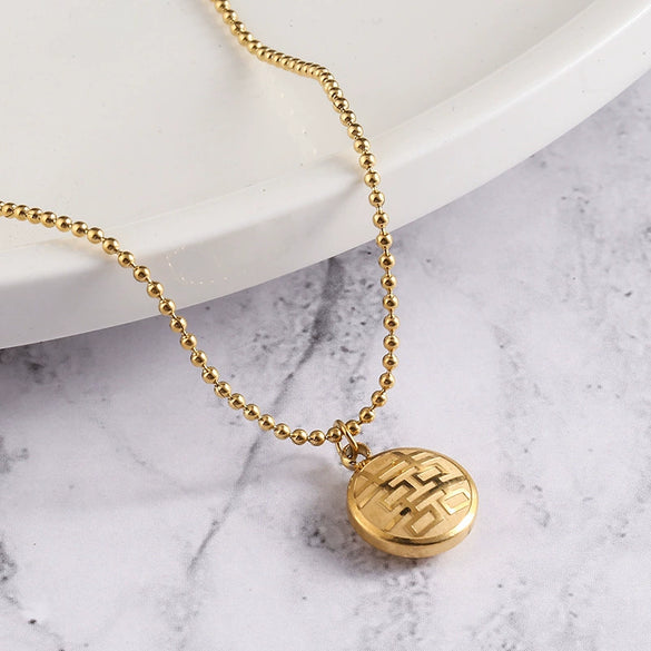 Wholesale Women's Titanium Steel Necklace With Double Sided Golden Ball Chain And Geometric Pendant Vacuum Plated With Real Gold In Furnace