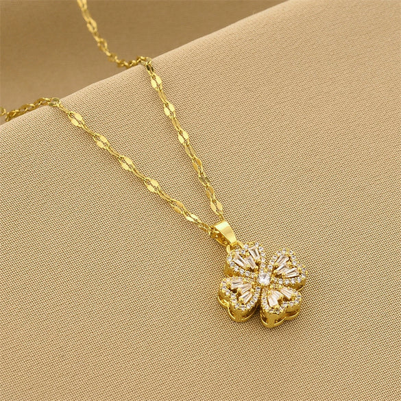 Wholesale Women's Titanium Steel Necklace With Four Leaf Clover Pendant Mixed Gemstone Inlay Electroplating Treatment