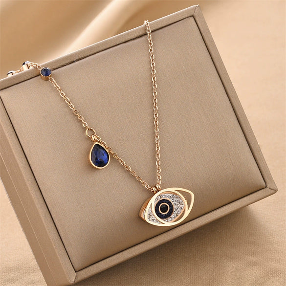 Wholesale Women's Titanium Steel Necklace With Geometric Devil's Eye Pendant And O Word Chain Electroplated
