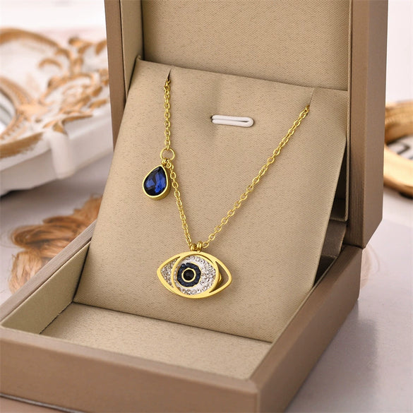 Wholesale Women's Titanium Steel Necklace With Geometric Devil's Eye Pendant And O Word Chain Electroplated