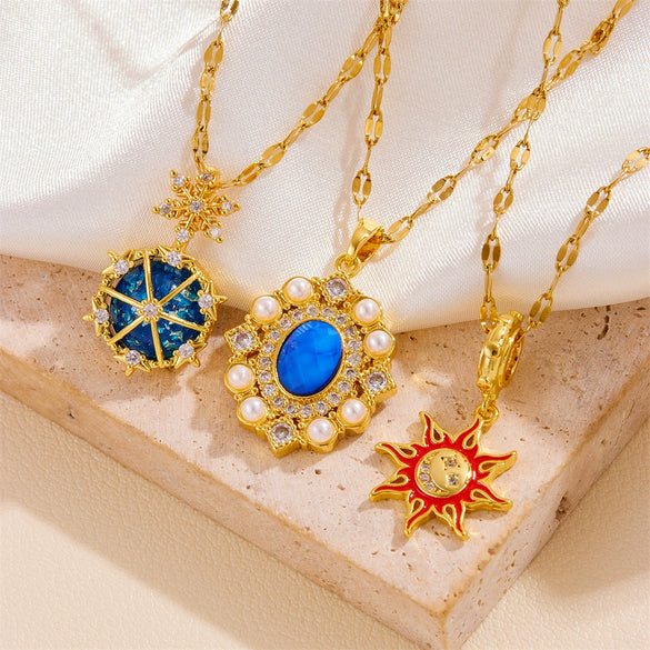 Wholesale Women's Titanium Steel Necklace With Heart Moon Star Pendant And Geometric Pattern Box Chain