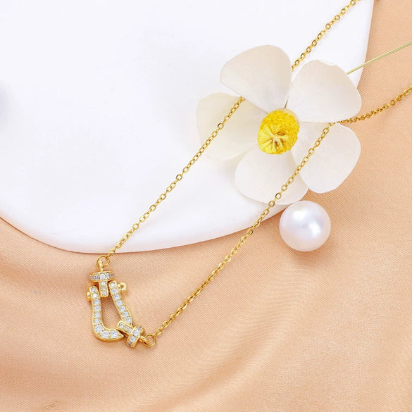 Wholesale Women's Titanium Steel Necklace With Horseshoe Buckle And Mixed Gemstone Inlay Geometric Style Electroplated