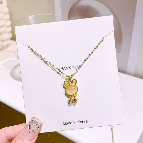 Wholesale Women's Titanium Steel Necklace With Mixed Gemstone Inlay Cat's Eye Stone Rabbit Pendant In Light Luxury Style And Animal Zodiac Design