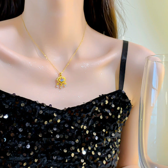 Wholesale Women's Titanium Steel Necklace With Mixed Gemstone Inlay Ping An Lock Pendant Geometric Pattern Electroplating O Shaped Chain