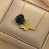 Wholesale Women's Titanium Steel Necklace With Red Rose Flower Pendant Microinlaid Zircon Electroplated In Vacuum Furnace For Fashionable Temperament