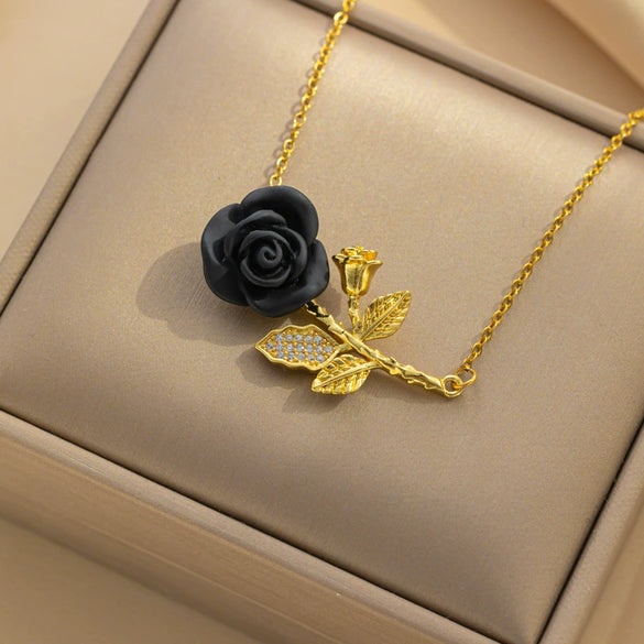Wholesale Women's Titanium Steel Necklace With Red Rose Flower Pendant Microinlaid Zircon Electroplated In Vacuum Furnace For Fashionable Temperament