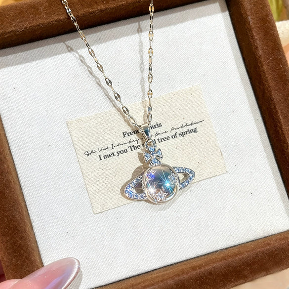 Wholesale Women's Titanium Steel Necklace With Zircon Inlaid Copper Planet Pendant And Lip Chain