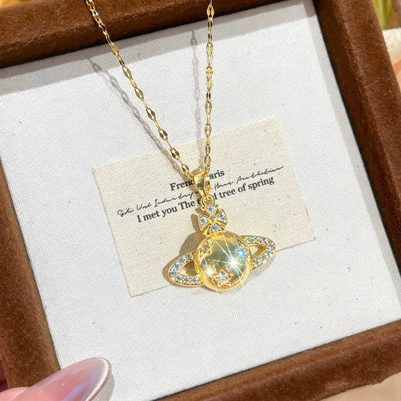 Wholesale Women's Titanium Steel Necklace With Zircon Inlaid Copper Planet Pendant And Lip Chain