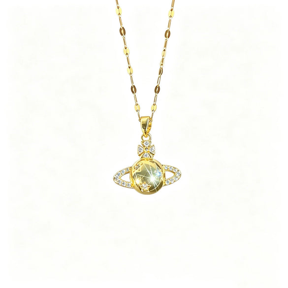 Wholesale Women's Titanium Steel Necklace With Zircon Inlaid Copper Planet Pendant And Lip Chain