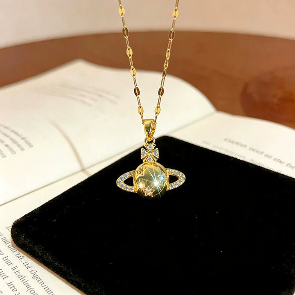 Wholesale Women's Titanium Steel Necklace With Zircon Inlaid Copper Planet Pendant And Lip Chain