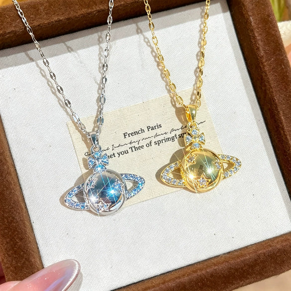 Wholesale Women's Titanium Steel Necklace With Zircon Inlaid Copper Planet Pendant And Lip Chain