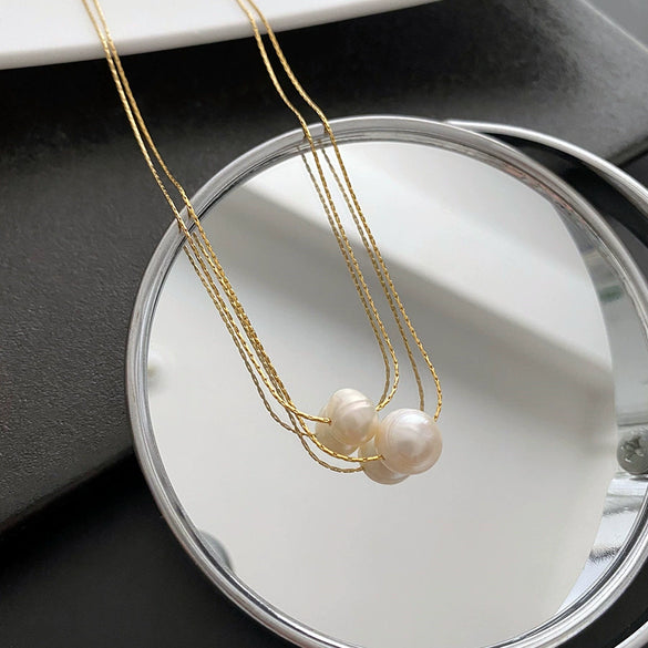 Wholesale Women's Titanium Steel Nonfading Necklace With Natural Pearl Pendant And Geometric Design Water Wave Chain