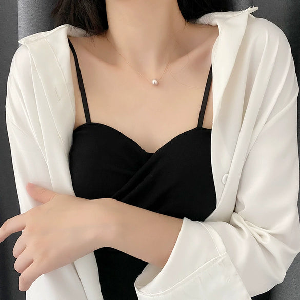 Wholesale Women's Titanium Steel Nonfading Necklace With Natural Pearl Pendant And Geometric Design Water Wave Chain