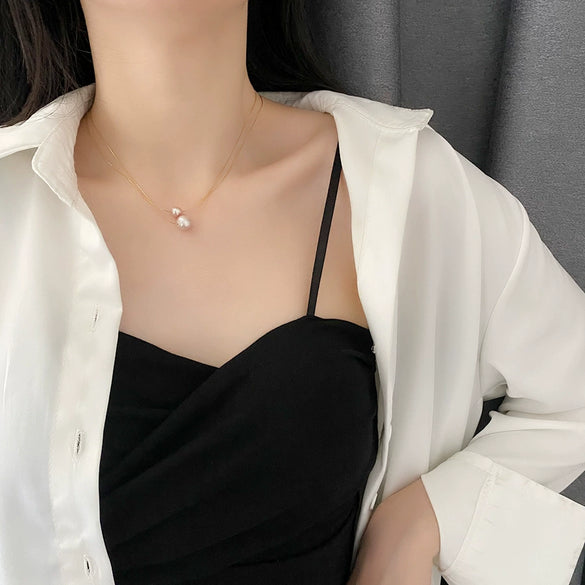 Wholesale Women's Titanium Steel Nonfading Necklace With Natural Pearl Pendant And Geometric Design Water Wave Chain