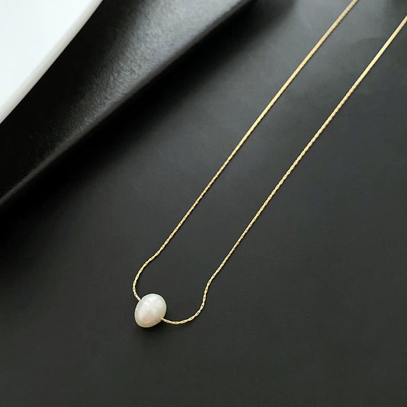 Wholesale Women's Titanium Steel Nonfading Necklace With Natural Pearl Pendant And Geometric Design Water Wave Chain