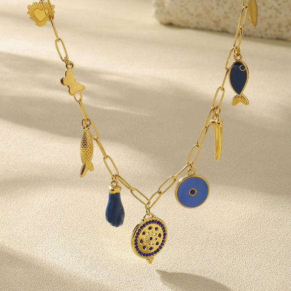 Wholesale Women's Titanium Steel Ochain Round Zircon Necklace With Small Fish Eyes And Multi Accessories Gold Plated Geometric Styling Fashion Exaggerated Clavicle Chain