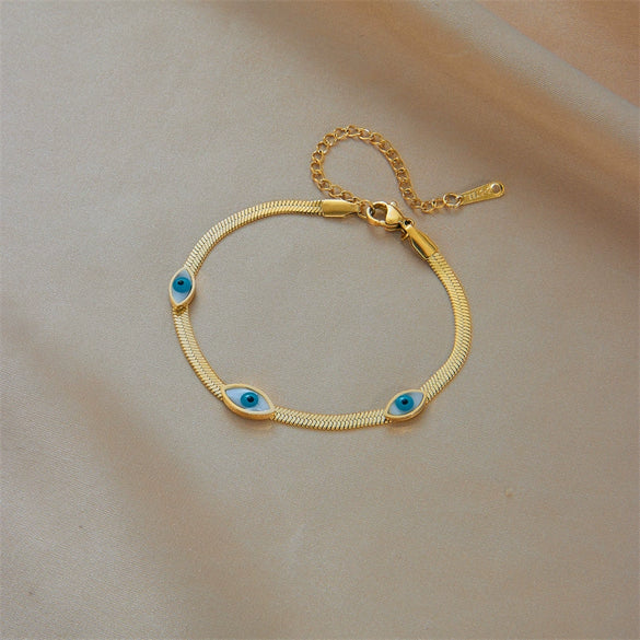 Wholesale Women's Titanium Steel Oval Blade Chain Bracelet Retro Simple Electroplated Blue And White Eyes Design