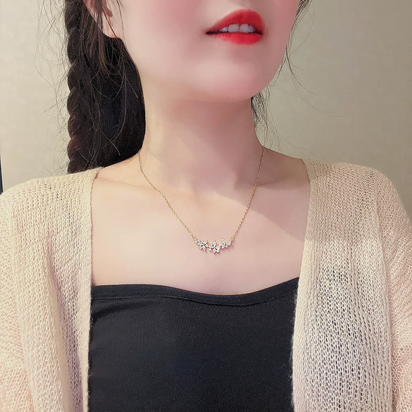 Wholesale Women's Titanium Steel Petal Zircon Inlaid Flower Pendant Clavicle Chain Necklace