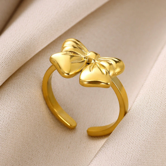 Wholesale Women's Titanium Steel Plated Gold Bow Ring Electroplated Simple Style