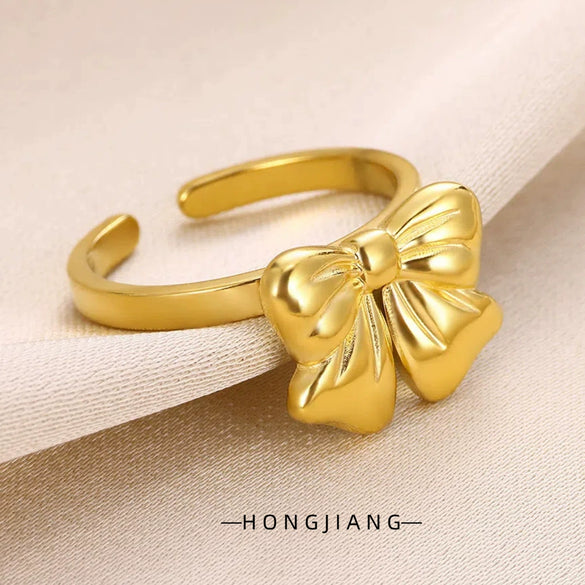 Wholesale Women's Titanium Steel Plated Gold Bow Ring Electroplated Simple Style