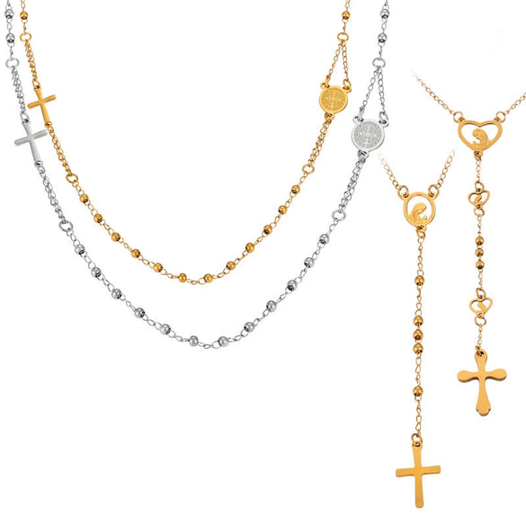 Wholesale Women's Titanium Steel Portrait Round Cross Pendant Necklace With Geometric Design And Electroplating Treatment