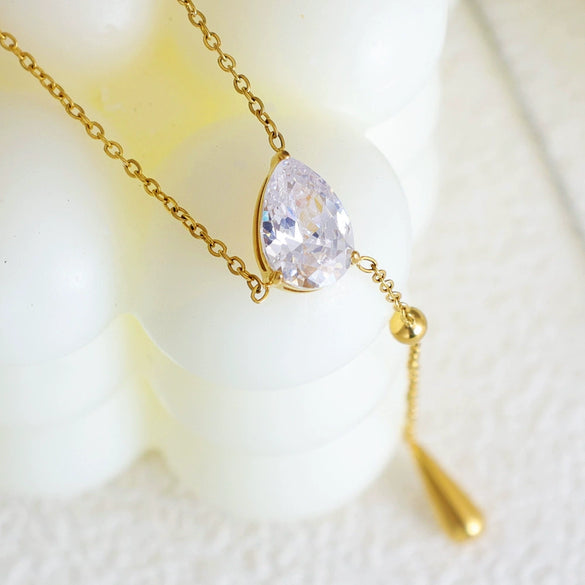 Wholesale Women's Titanium Steel Real Gold Plated Water Drop Tassel Necklace With Flash O Chain