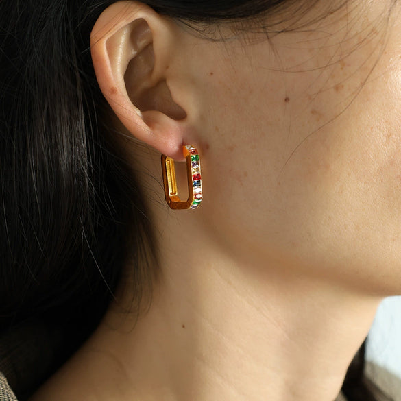 Wholesale Women's 316L Stainless Steel Rectangular And Ushaped Geometric Inlaid Crystal Earrings Light Luxury Style